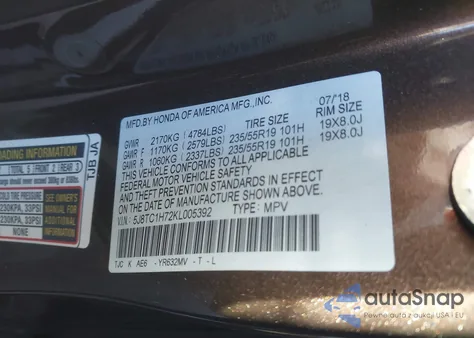 2019 Acura Rdx Advance Package from USA, damaged, VIN 5J8TC1H72KL005392